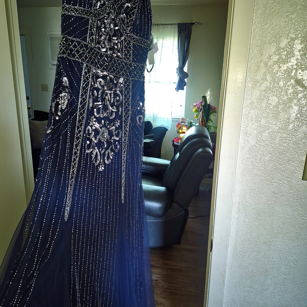 Elegant Navy Blue Embellished Evening Gown New